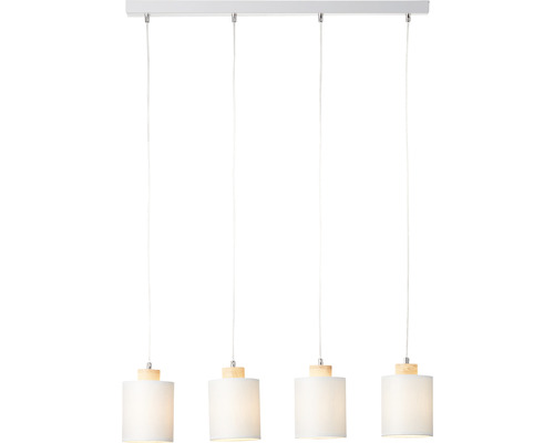 Pendellampa med fyra lampor med textilskärm och trädetaljer