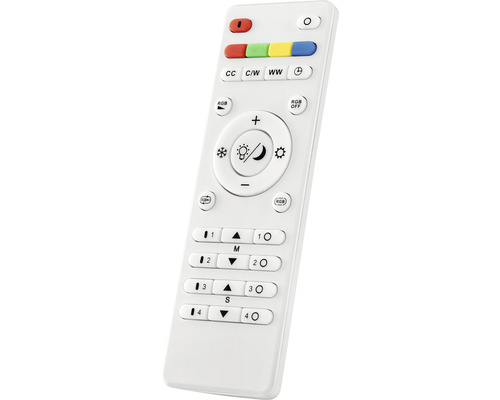 Vit fjärrkontroll med flera knappar för att styra olika funktioner