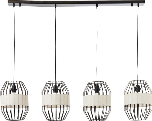 Taklampa med fyra lampor med metalltråd och lampskärmar i tyg
