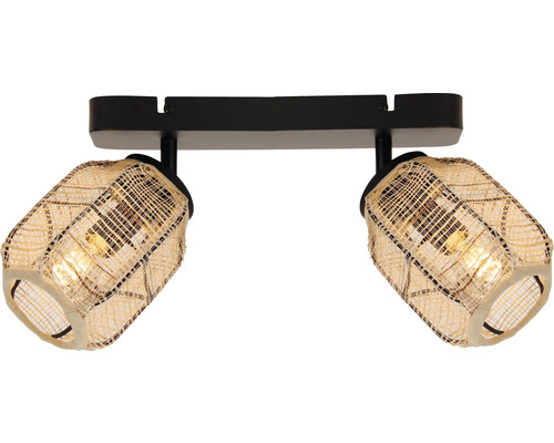 Taklampa med två spotlights och lampskärmar av raffia