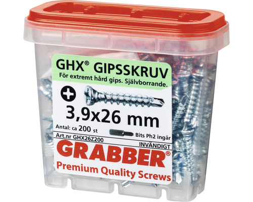 Grabber GHX gipsskruv 3,9x26 mm, cirka 200 stycken i transparent låda