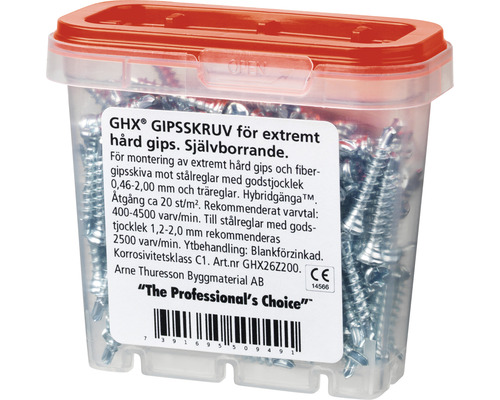 Gipsskruv i transparent plastlåda med rött lock