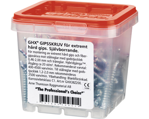 Gipsskruv i transparent plastlåda med rött lock