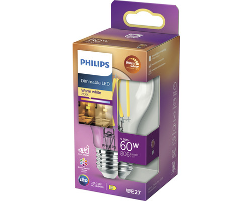 Philips LED-lampa, dimbar, varmvit, E27-sockel i förpackning