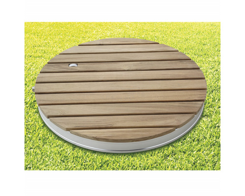 Rund pooltäckning av trä med metallkant