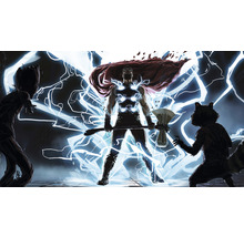 Illustration av Thor, Groot och Rocket från Marvel Comics, omgiven av blixtar.