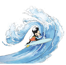 Mickey Mouse på en surfbräda framför en våg