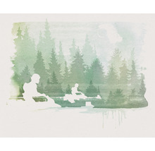 Illustration av personer i kanoter framför en skog