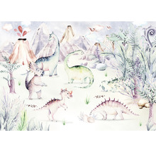 Illustration av ett dinosaurielandskap med vulkaner och olika dinosauriearter