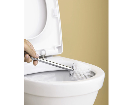 En hand använder en toalettborste för att rengöra toaletten.