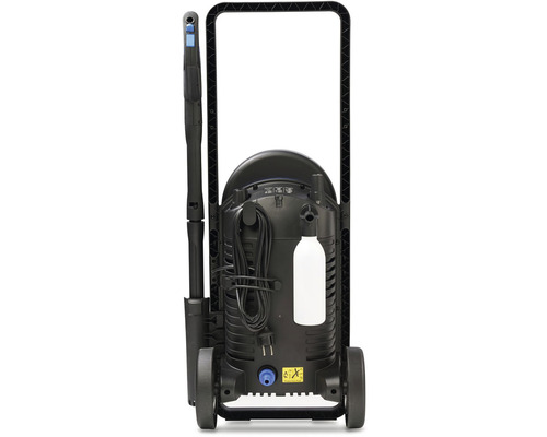 Bakifrån av en högtryckstvätt med sladd, sprutpistol och hjul