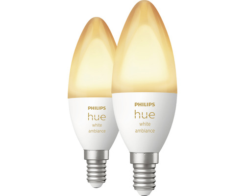 Två Philips Hue White Ambiance-lampor med E14-sockel