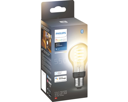 Philips Hue White Ambiance lampa E27, 550 lumen i produktförpackning