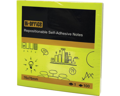 Bi-Office anteckningsblock, självhäftande, flyttbart, 76x76 mm, 100 blad