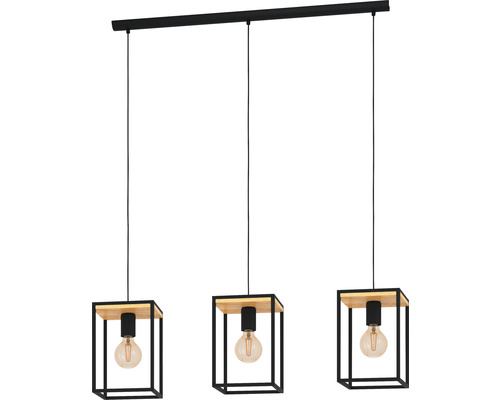 Pendellampa med tre lampor, kubisk design, trä och metall