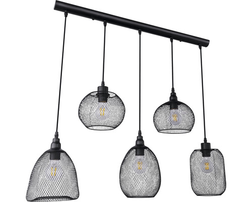 Svart hänglampa med fem lampskärmar i olika former