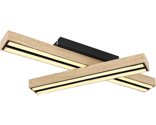 Modern LED-taklampa med träimitation och två korsade ljusstavar