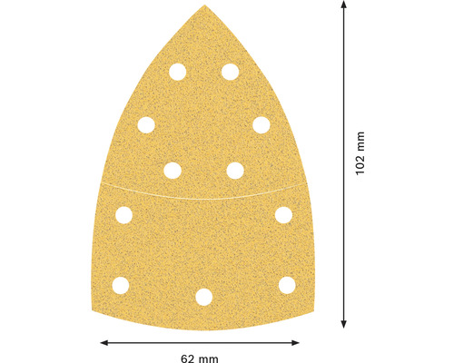 Triangulärt sandpapper med hål, 102 mm högt och 62 mm brett