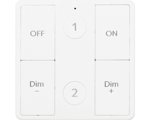 Vit trådlös fjärrkontroll med knappar för att slå på och av och dimma