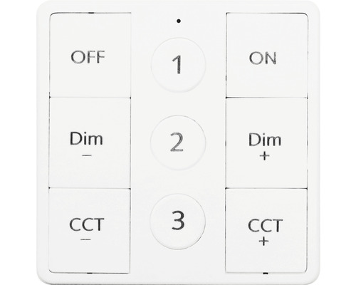 Vit fjärrkontroll med knappar för på, av, dimning och färgtemperatur