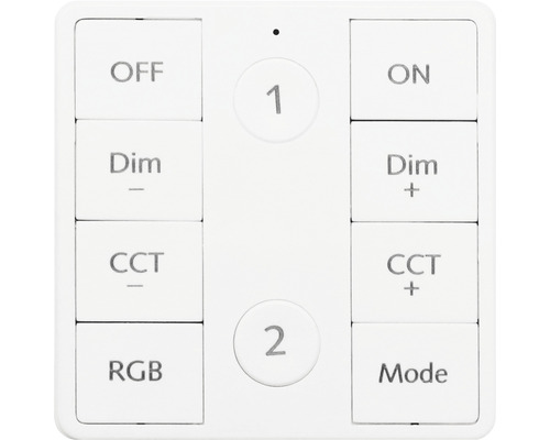 Vit fjärrkontroll för styrning av belysning med knappar för på, av, dimning, färgtemperatur och läge