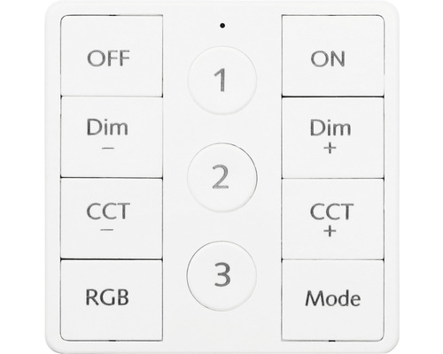 Vit fjärrkontroll med flera knappar för att styra belysningsinställningar