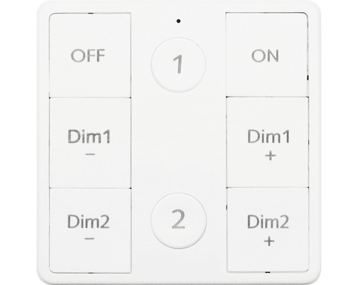 Vit fjärrkontroll med knappar för att slå på, stänga av och dimma belysningen