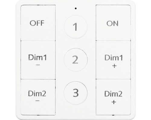 Fjärrkontroll med knappar för att slå på och av, dimma och välja kanaler.