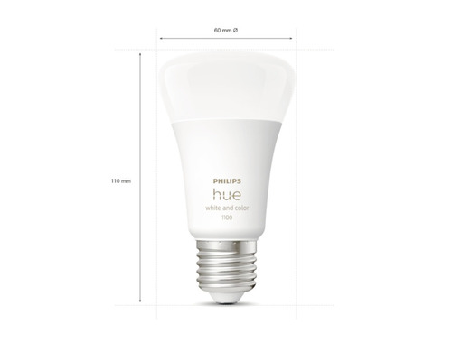 Philips Hue lampa med dimensionerna 60 mm diameter och 110 mm höjd