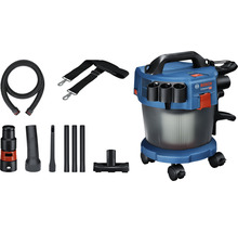 Bosch logotyp. Bosch Professional våt- och torrdammsugare med tillbehör som slang, axelrem, munstycken och rör.
