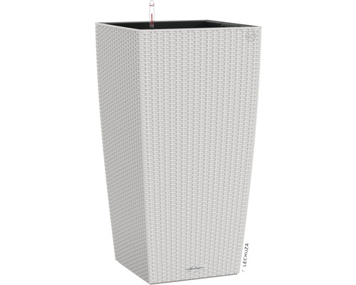 Självvattnade blomkruka LECHUZA Cubico Cottage 40 plast 39,5x39,5x75,5cm grå inkl. 6L substrat Rektangulär blomlåda med bevattningssystem och temperaturindikator