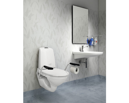 Badrum med vägghängd toalett, handfat, spegel och stödhandtag för tillgänglighet