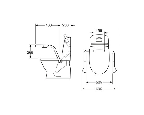 Teknisk ritning av en toalett med mått för sanitetsinstallationer
