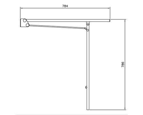 Teknisk ritning av en klädhiss med måtten 784 x 786 mm.