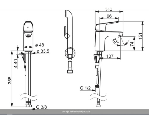 Teknisk ritning av en tvättställsblandare med måtten