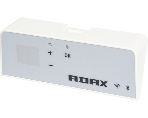 Adax styrenhet med display, plus-minusknappar och wifi- och bluetoothsymbol