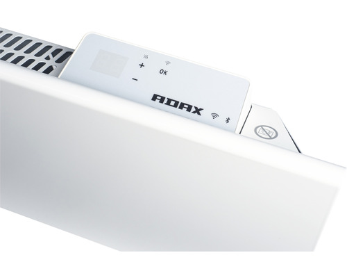 Adax logotyp på ett värmeelement med tillhörande manöverelement