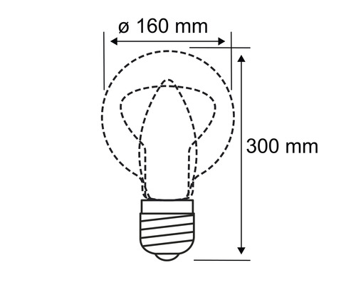 Teknisk ritning av en glödlampa med måtten diameter 160 millimeter och höjd 300 millimeter.