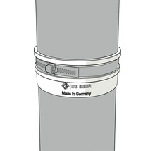 Avloppsrörsklämma för fastsättning på ett rör, med De Beer-logotyp, tillverkad i Tyskland