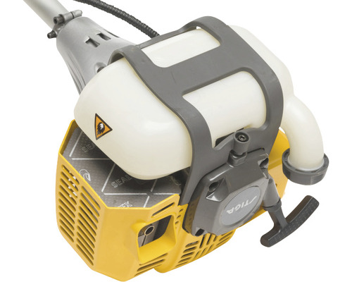 Detaljbild av en trimmer med gult hölje och vit tank.
