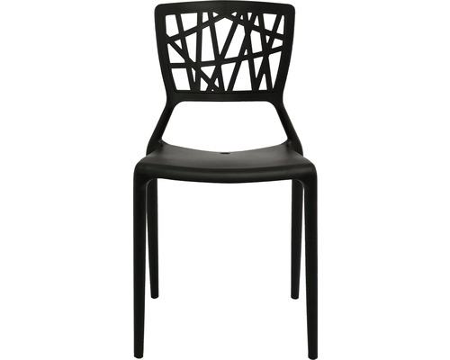 Svart plaststol med öppen ryggdesign.