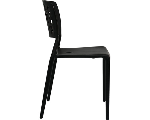 Svart plaststol med öppen ryggdesign från sidan