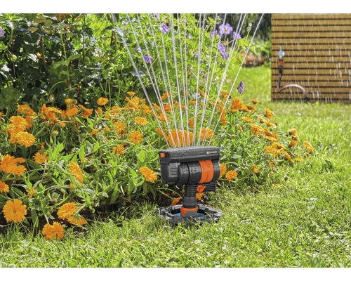 Trädgårdsscen med grässpridare i drift för att vattna blommor