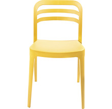 Gul plaststol med ryggstöd och fyra ben