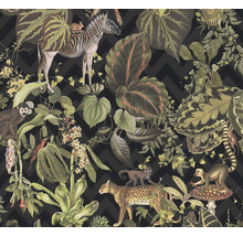 Tapet med djungeltema, inklusive zebra, apor och leopard