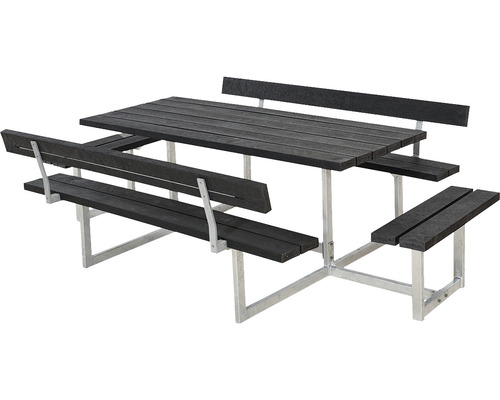 Picknickbord PLUS Basic 2 ryggstöd och 2 påbyggnader RePlast/stål 260cm svart Trädgårdsbord med bänkar av återvunnen plast och metallram