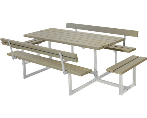 Picknickbord PLUS Basic 2 ryggstöd och 2 påbyggnader trä/stål 260cm gråbrun Picknickbord med bänkar och ryggstöd av trä och metall