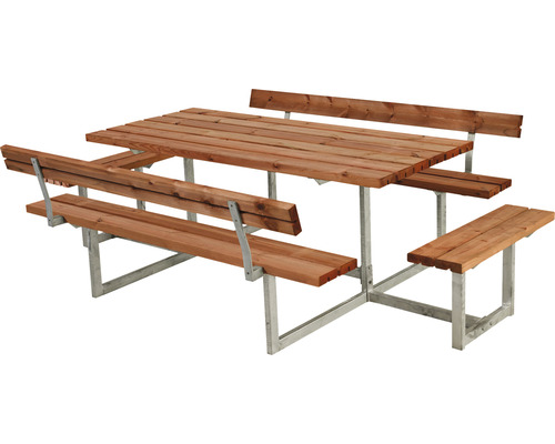 Picknickbord PLUS Basic 2 ryggstöd och 2 påbyggnader trä/stål 260cm teakfärgat Trädgårdsbord med träbordsskiva, träsitsar och metallram