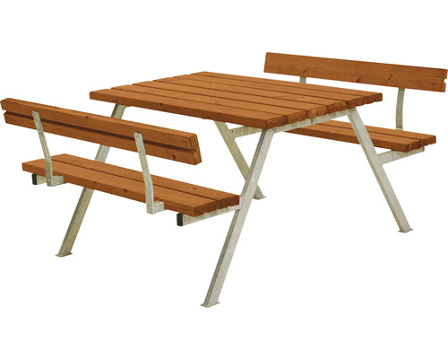 Picknickbord PLUS Alpha 2 ryggstöd trä/stål 118cm teakfärgat