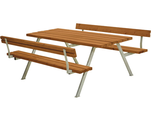 Picknickbord PLUS Alpha 2 ryggstöd trä/stål 177cm teakfärgad